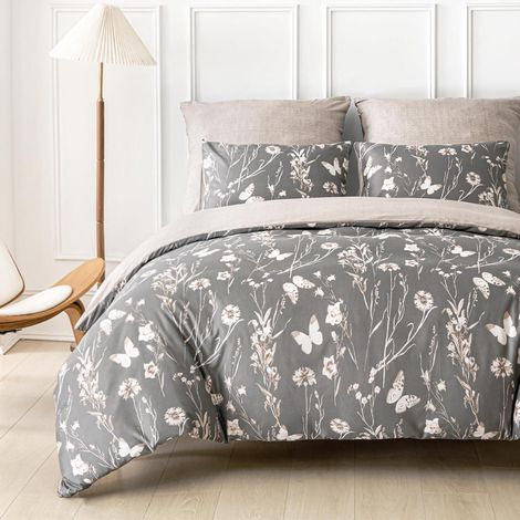 Bettwäsche-Set 230x220 cm Mikrofaser Wendbar Blumenmuster Grau