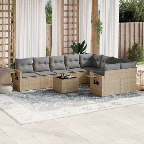 Salon d'extérieur modulaire 10 places en résine tressée beige. Ensemble complet 2 canapés, 2 coins, 5 central, 1 table, 20 coussins. Rangement intégré, housses lavables. (1/3)