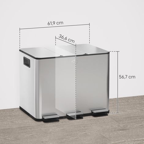 Poubelle de cuisine, poubelle tri sélectif, 3 compartiments de 20L, seaux intérieurs amovibles, 61,9x36,6x56,7cm, argent (1/5)