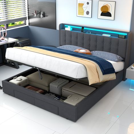 Lit coffre adulte 180x200 cm avec LED, sommier à lattes, tête de lit avec rangement, revêtement velours, sans matelas, gris (1/5)