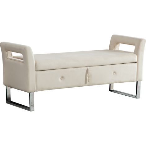 Pouf de rangement en velours avec accoudoirs pour le salon, l’entrée et la chambre, beige (1/5)