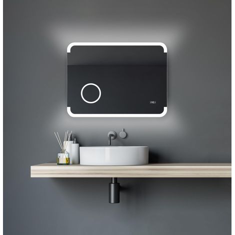 Miroir de Salle de Bain LED - 80 x 60 cm - éclairage d'ambiance rétroéclairé - Miroir cosmétique éclairé avec grossissement 3X - Horloge numérique - Cadre en Aluminium (1/5)