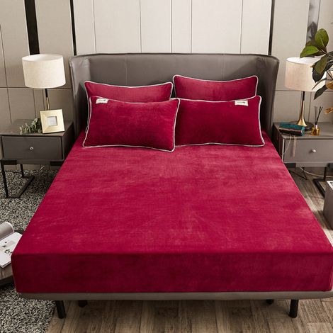 1 Drap-housse, 180x200x25 cm, peluche cachemire, élastique jersey, rouge bordeaux, pour matelas épais (1/5)