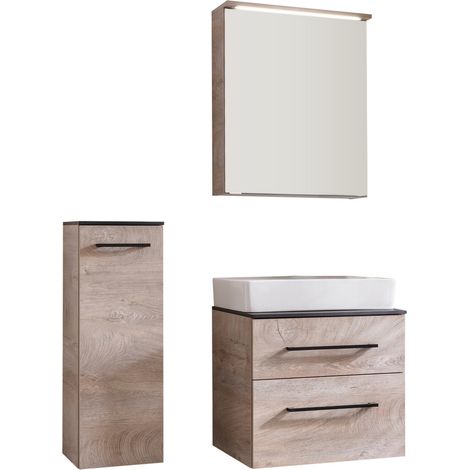 Fackelmann OXFORD Badmöbel Set 5 Teile / Keramik Waschbecken / Waschtischunterschrank / Waschtischplatte Schwarz / Midischrank / LED-Spiegelschrank / Korpus & Front: Braun hell / Breite ca. 60 cm"-"90 (1/5)