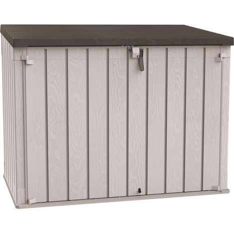 Toomax Stora Way Plus 2XL Baule da 2270L portattrezzi effetto legno grigio talpa/marrone in plastica resistente 178x109x140h cm, porta bidoni spazzatura, chiusura a chiavistello, ideale per giardino