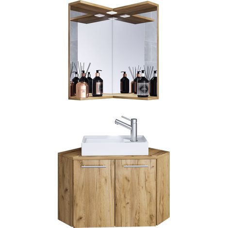 VCM – Ensemble de meubles de salle de bain 3 pces lavabo d'angle 95x50x50 – Lavabo en céramique – Miroir d'angle avec étagère – Armoire avec 2 portes