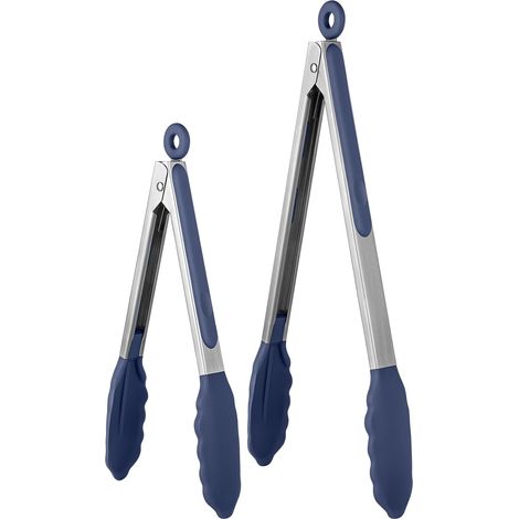 315℃ Ensemble de pinces de cuisson résistantes à la chaleur avec embouts en caoutchouc antiadhésif fermement scellés et poignée en acier inoxydable revêtue de silicone (23/30 cm, Bleu Nuit) (1/5)