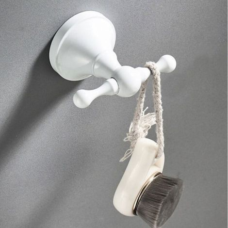 Patère murale double crochet – Laiton blanc résistant à l’humidité – Avec vis cachées – pour salle de bain, chambre et cuisine (1/4)
