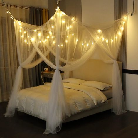 Couvre-lit lumineux pour lit Queen, King, à baldaquin, couvre-lit, rideau de lit, accessoire décoratif élégant pour chambre (blanc + lumière) (1/5)