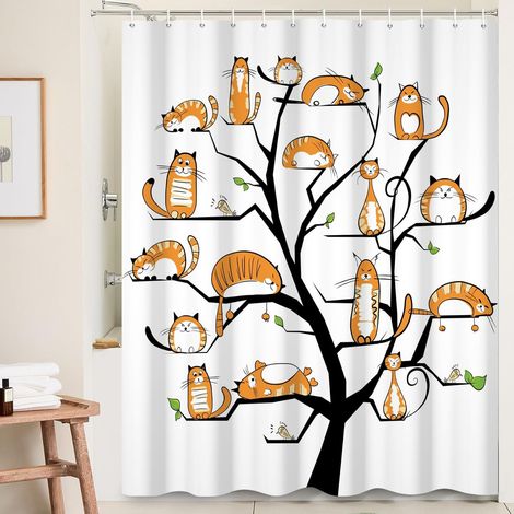 Rideau de douche chat mignon 152x183 cm, motif aquarelle orange, textile lavable pour baignoire (1/5)