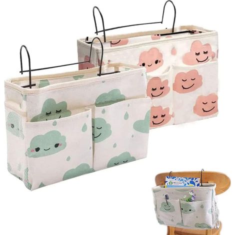 2 Pièce Organisateur de Chevet Lit, Panier de Lit Chevet Suspendu, Poche de Lit Organisateur, Organisateur de Chevet Suspendu, pour Bureau, Lit de Chambre, Cuisine (Nuages/Vert/Rose)