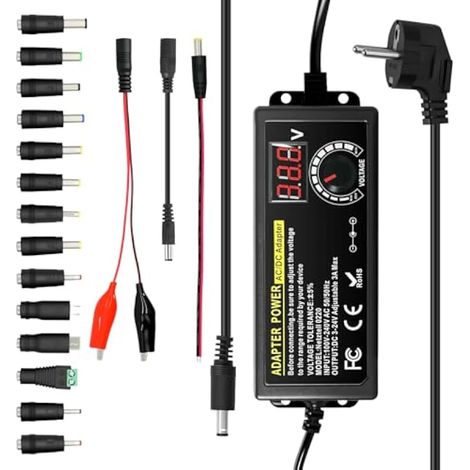 Alimentation universelle 72 W 3 V-24 V 3 A max. Tension réglable AC/DC 100-240 V avec indicateur LED + 14 embouts pour appareils électroniques domestiques, ordinateurs portables et routeurs (1/5)