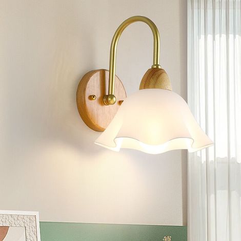 Modern decorative metal and wood wall sconce, E27 wall light for hallway, corridor, bedside, study, with elegant white glass shade. (1/2)