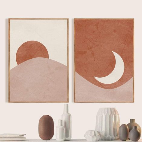 Sun Moon Boho Terracotta Wall Art Toile Peinture Mid Century Abstrait Paysage Impression Affiche pour Salon Chambre Décor 30x40cmx2 Sans Cadre (1/3)