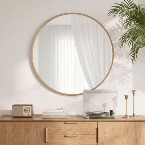 Miroir mural design moderne 61x61 cm doré, cadre métallique élégant, décoration salon ou entrée, effet luxueux, accroche facile, style contemporain. (1/5)