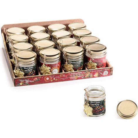 Candele di Natale profumate in vetro con fiocco dorato in espositore in espositore da 16 pezzi, set da 16 pezzi, Candela: Ø 6,5 cm x 8 H
