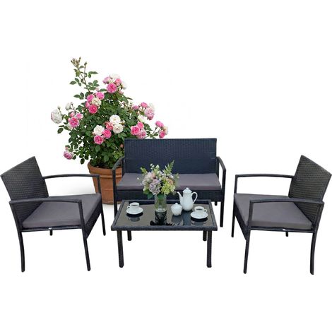 Relaxdays Gartenmöbel Set, 4-tlg. Rattan Sitzgruppe, 4 Personen, Bank, Stühle & Glastisch, Loungemöbel, outdoor, schwarz