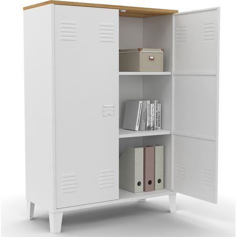 Idmarket – Armoire basse 2 portes métal blanc – Plateau bois façon hêtre – Dimensions 75x33x110 cm – Design industriel moderne
