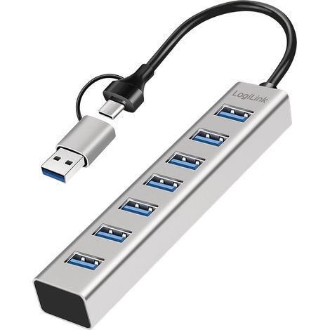 LogiLink USB 3.0 Hub mit 7 Anschlüssen, USB-A 2-in-1-Kabel, USB-A/USB-C 5 Gbit/s, Silber (1/5)