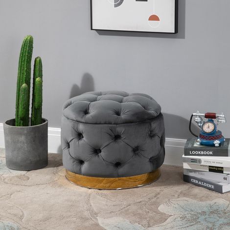 Sgabello vintage, panca contenitore, poggiapiedi, sgabello imbottito, metallo, schiuma, grigio antracite, 55 x 55 x 42 cm (1/5)