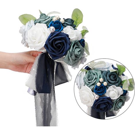 Wedding Bouquets for Bride Realistic Romantic Multipurpose Bridal Artificial Flowers Bouquet Lake Blue (1/2)