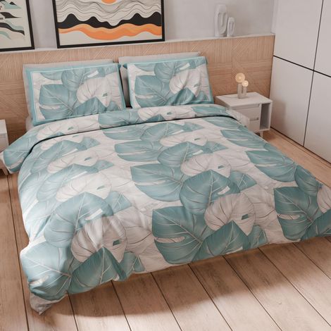 Housse de Couette 1 Place 140x200 cm 1 Taie 63x63 cm Incluse, Parure en Microfibre Imprimée Tropical Céleste A (1/5)