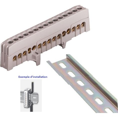 Bornier Barrette Gris isolée A VIS - 63A - 15 trous ( 15x16 mm² ) montage rail din