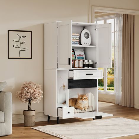 Armoire multifonction pour chat 80x40x161 cm blanche en bois d'ingénierie avec rangements réglables, tiroirs et niche (1/5)