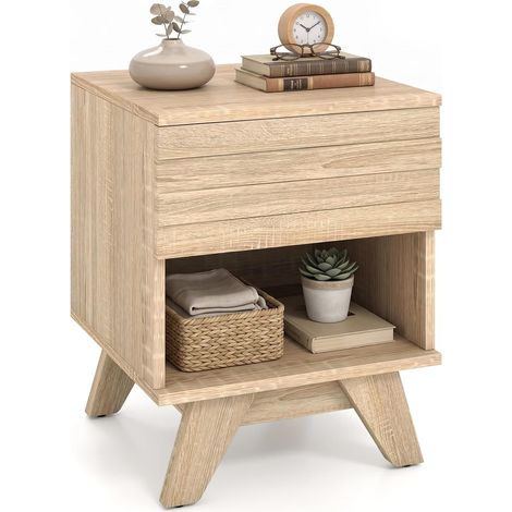 COSTWAY Table de Chevet Bois avec Tiroir, Compartiment Ouvert (1/5)