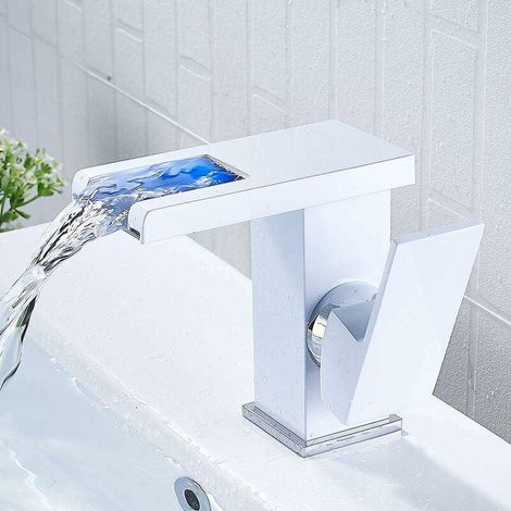 Cascade LED Robinet de salle de bain (Blanc) Cascade Chaud Froid Comptoir Lavabo Lavabo Salle De Bains Robinet (1/5)