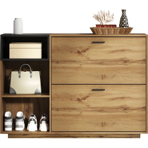 ELVMI Mobile Portascarpe con 2 Vani a Ribalta e 3 Vani Aperti, per Ingresso, MDF, 120 x 32 x 84.5 cm, Naturale (1/5)