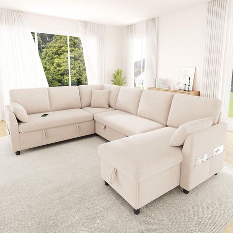Canapé d'angle convertible - 255 x 196 x 85 cm - convertible 6 places avec coffre de rangement double, port usb type c, angle réversible gauche droite - style moderne - aspect lin - beige (1/5)