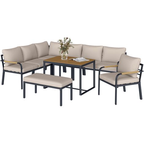 Ensemble canapé d'angle extérieur modulable 7 pièces avec table WPC et pouf beige gris