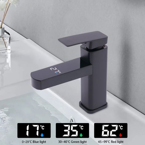 Rubinetto a LED per lavabo, nero, rubinetto per bagno, miscelatore monocomando, acqua fredda e calda, con display digitale