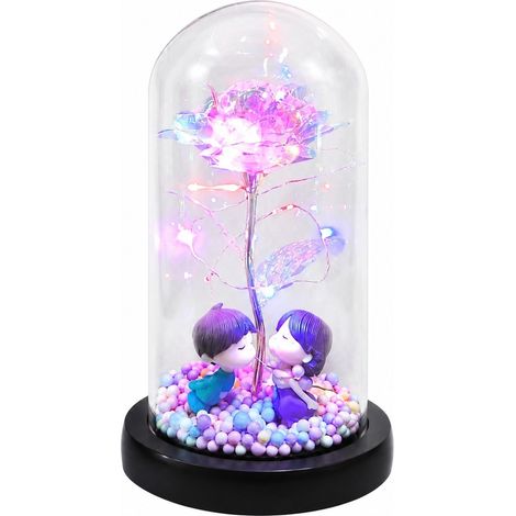 Veilleuse miniature en forme de rose avec dôme en verre et LED, décoration pour jardin féérique, fonctionne sur piles (1/2)