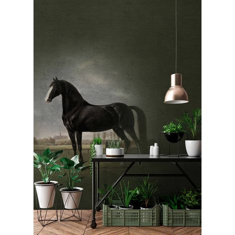 Papier peint panoramique cheval effet peinture | Tapisserie panoramique animaux gris & vert | Papier peint panoramique idéal couloir - 270 x 200 cm (2 pièces) (1/5)