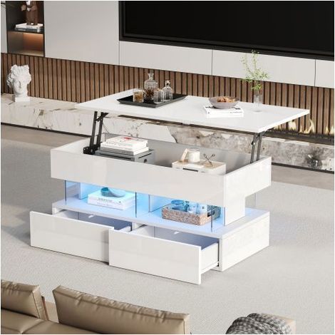 table basse 120 x 50 x 46,Table d'appoint réglable en hauteur,  table basse salon ,  brillante, avec LED, 2 tiroirs (1/5)