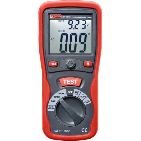 Rs Pro – Testeur de terre ET5300 – Tension jusqu'à 2kO – Précision ±2 % – Affichage LED – Alimentation par batterie AA