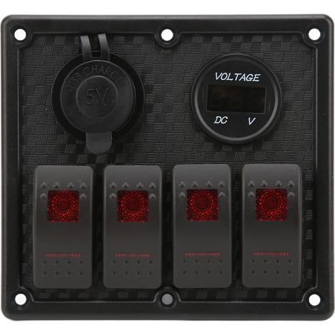 Panneau Interrupteurs 4 Boutons 5Broches avec Voltmètre, Charge Rapide USB Double 4.8A, Universel Auto Camping-car Bateau Rouge (1/5)