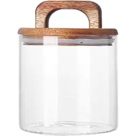 Pot hermétique en verre transparent 560 ml - Couvercle en bois et poignée - Pour thé et aliments - Boîte de conservation (1/5)