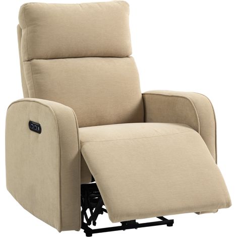 Poltrona Reclinabile Elettrica in Ciniglia con Poggiapiedi, Poggiatesta Regolabile e Prese, 80x93x103 cm, Beige