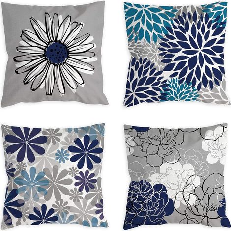 Fundas de almohada azules de 45 x 45 cm, juego de 4 piezas, fundas de almohada decorativas grises, cojines para sala de estar, almohadas para cama, decoración interior/exterior en azul marino y gris.
