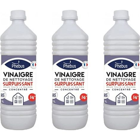 DSTOCK60 - LOT DE 3 BOUTEILLES DE 1 LITRE DE VINAIGRE BLANC NATUREL CONCENTRE 14 Degrés (PHEBUS produit d'origine garantie) - DEGRAISSE. DETARTRE. DESHERBE - MAISON et JARDINAGE