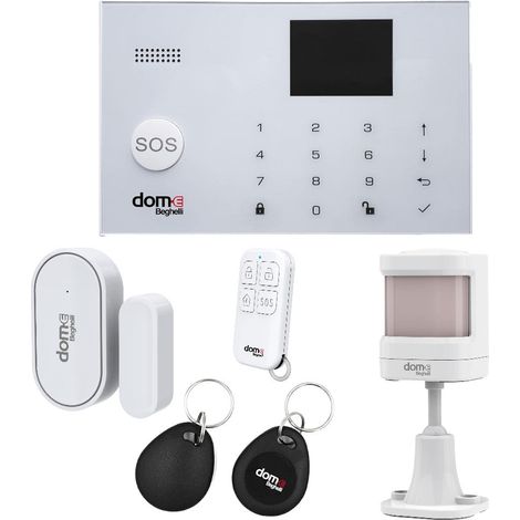 Kit di allarme domotico wireless pronto all'uso con centrale di controllo, sensori e telecomandi BEGHELLI DOM-E