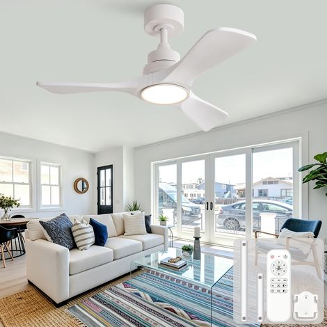 Ventilatore da soffitto a elica, motore DC reversibile, luce a 3 temperature, telecomando, metallo e legno bianco (1/5)