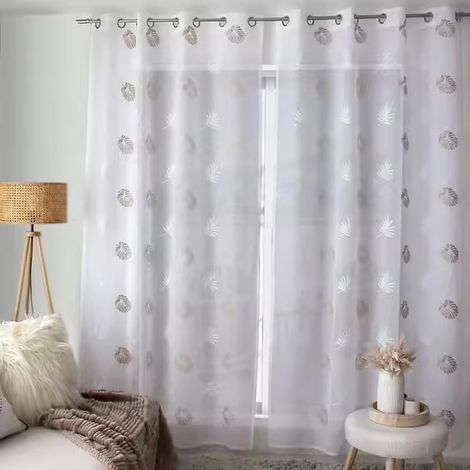 Rideau Voilage Brodé "Épicéa" 140x240cm Beige & Blanc