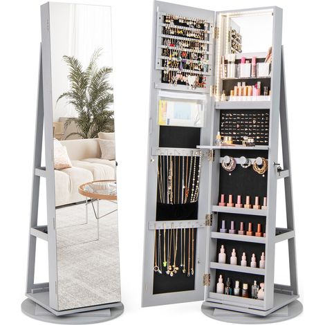 Armoire à bijoux miroir rotative 360° avec 3 modes LED colorés verrouillable - gris (1/5)