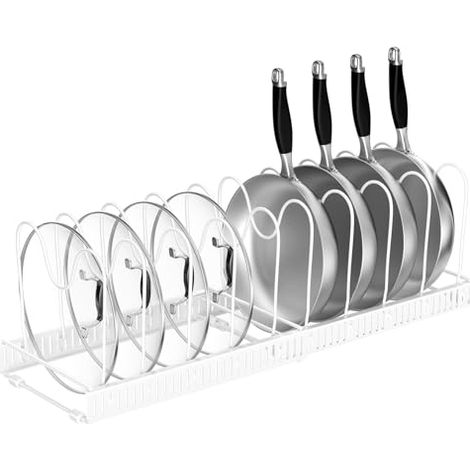 Organisateur de couvercles — Range-casseroles et poêles avec 10 séparateurs réglables — Support extensible (Blanc) (1/4)