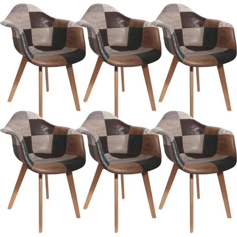 Altobuy – Lot de 6 fauteuils scandinaves en tissu aspect cuir – Motif patchwork – Hauteur d'assise 47 cm – Piétement en bois massif (1/5)