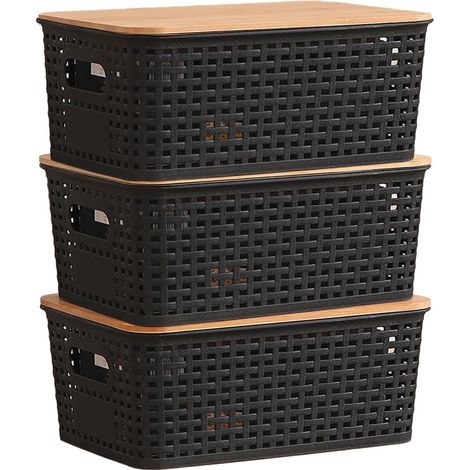 Boite de Rangement Avec Couvercle En Bambou 3pcs Caisse Rangement Plastique 5L, 25 X 18 X 10 Cm Paniers Et Boîtes de Rangement Pour Cuisine, Salle de Bain, Chambre À Coucher (Noir) (1/5)